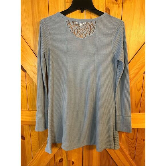 Symmetry Tunic top blue long sleeves v neck front tie waffle knit size medium (8 - Picture 6 of 6